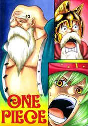  3boys beard cavendish chinjao copyright_name dressrosa facial_hair facial_mark fake_mustache hat helmet long_hair male male_focus marker_(medium) monkey_d_luffy moustache multiple_boys one_piece takatin tattoo traditional_media 