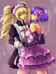  2girls back blonde_hair blue_eyes blue_hair bow commentary_request dance_dance_revolution dress drill_hair elbow_gloves flower frilled_dress frills gloves hair_flower hair_ornament hairbow headband holding_hands interlocked_fingers maid maid_headdress multiple_girls one_eye_closed photoshop_(medium) ribbon short_hair strapless strapless_dress taka_(sanoujo358) toshiba_emi twin_drills twintails yuni_(dance_dance_revolution) 