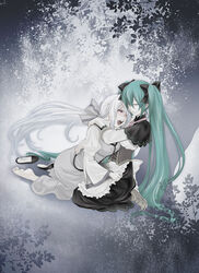  2girls aku_no_musume_(vocaloid) apron barefoot brown_eyes clarith closed_eyes comforting commentary_request corset evillious_nendaiki green_hair hatsune_miku hug kitano_tomotoshi kneeling long_hair michaela_(evillious_nendaiki) multiple_girls no_socks ponytail shiro_no_musume_(vocaloid) shoes single_shoe tears twintails very_long_hair vocaloid white_hair yowane_haku yuri 