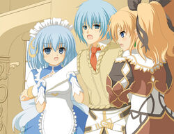  1boy 2girls aose_saratoga atelier_(series) blonde_hair blue_eyes blue_hair breasts commentary_request liliane_vehlendorf long_hair maid mana_khemia_(series) mana_khemia_2 multiple_girls open_mouth photoshop_(medium) profile rozeluxe_meitzen short_hair wuim_(mana_khemia) 