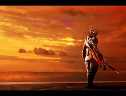  1boy arms_at_sides ashi_ura back cloud cloudy_sky commentary_request from_behind holding holding_sword holding_weapon kamen_rider kamen_rider_w letterboxed male_focus monster nasca_dopant ocean orange_sky orange_theme outdoors pants sky solo sunlight sunset sword walking weapon 