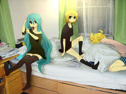  1boy 2girls adjusting_hair aqua_eyes aqua_hair bad_id bad_pixiv_id bed blonde_hair curtains hatsune_miku highres kagamine_len kagamine_rin long_hair lying mouth_hold multiple_girls pillow short_hair sitting sleeping socks temk thighhighs twintails vocaloid window zettai_ryouiki 