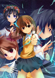  4girls between_fingers black_hair blue_eyes brown_eyes brown_hair coin commentary_request electricity electrokinesis flower glowing hair_flower hair_ornament holding holding_needle long_hair masa_(miyabitei) misaka_mikoto multiple_girls needle outstretched_arm psychic sakugawa_school_uniform saten_ruiko school_uniform science_fiction serafuku shirai_kuroko short_hair skirt summer_uniform sweater_vest throwing_needles toaru_kagaku_no_railgun toaru_majutsu_no_index tokiwadai_school_uniform twintails uiharu_kazari 