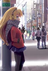  aisaka_taiga black_gloves blonde_hair coat commentary_request female gloves hand_in_pocket isshiki_tarou long_hair palmtop_tiger pantyhose people road scarf skirt solo_focus street tiger toradora! v vanishing_point winter_clothes winter_coat 