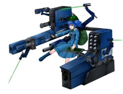  backpack bag blue_eyes blue_hair commentary_request computer_keyboard energy_sword female gatling_gun gun hair_bobbles hair_ornament hat highres huge_weapon kawashiro_nitori key missile short_hair solo sword touhou transparent_background twintails two_side_up weapon yukichi_(bancho99) 