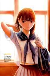  absurdres ai_ai_gasa anegasaki_nene backlighting bag brown_hair charm_(object) female highres love_plus megami_magazine megami_magazine_creators mino_tarou mole mole_under_eye official_art parted_lips scan school_bag school_uniform serafuku short_hair skirt solo 