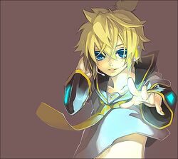  1boy bad_id bad_pixiv_id blonde_hair blue_eyes headphones headset kagamine_len lowres male_focus necktie simple_background smile solo tayoko vocaloid yellow_necktie 