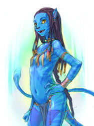  animal_ears avatar_(2009_film) bad_id bad_pixiv_id blue_skin braid breasts cat_ears colored_skin dreadlocks earrings female james_cameron&#039;s_avatar jewelry loincloth long_hair mizuki_kotora na&#039;vi navel necklace_censor neytiri photoshop_(medium) ribs skinny small_breasts solo stomach striped striped_skin tail tribal yellow_eyes 