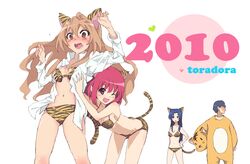  1boy 3girls aisaka_taiga animal_costume animal_ears animal_print bad_hands bad_id bad_pixiv_id bikini brown_eyes brown_hair commentary_request costume dress_shirt kawashima_ami kushieda_minori long_hair mayuge1017 multiple_girls one_eye_closed purple_eyes red_hair shirt short_hair swimsuit tail takasu_ryuuji tiger_costume tiger_ears tiger_print tiger_tail toradora! 