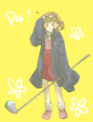  ? adjusting_eyewear arm_at_side bad_id bad_pixiv_id blazer blush borrowed_clothes botiboti brown_eyes brown_hair closed_mouth copyright_name cosplay doujima_nanako dress eyewear_on_head female flower_(symbol) frown full_body glasses golf_club hand_up holding jacket long_sleeves loose_socks narukami_yuu narukami_yuu_(cosplay) open_clothes open_jacket oversized_clothes persona persona_4 pink_footwear shoes short_dress simple_background sleeves_past_fingers sleeves_past_wrists socks solo standing turtleneck twintails white_socks yellow_background 