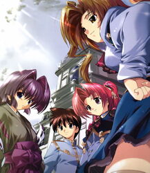  1boy 3girls aoi_academy_school_uniform blue_eyes brown_eyes brown_hair hexagram jewelry kamishiro_rin kazetsubaki_kuriko komatsu_eiji maburaho miyama_yuuna multiple_girls purple_hair red_eyes red_hair school_uniform shikimori_kazuki thighhighs zettai_ryouiki 