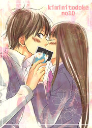  1boy akenoko bad_id bad_pixiv_id blazer blush brown_eyes brown_hair closed_eyes female holding_hands jacket kazehaya_shouta kimi_ni_todoke kissing kuronuma_sawako long_hair photo_(object) photoshop_(medium) school_uniform short_hair straight sweater_vest 