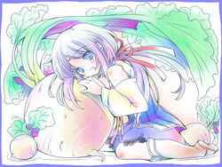  blue_eyes boots commentary_request detached_sleeves dress faux_traditional_media female hair_ribbon highres long_hair mist_(rune_factory) multicolored_hair open_mouth oversized_object painttool_sai_(medium) purple_hair ribbon rune_factory rune_factory_1 sitting smile solo tama_two_(fukuya) turnip white_hair 