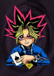  1boy ace_(playing_card) ace_of_spades ankh bad_id bad_pixiv_id blue_jacket card dragonswing evil_grin evil_smile grin holding holding_card jacket jewelry male_focus necklace pink_eyes playing_card purple_eyes smile solo spade_(shape) spiked_hair yami_yugi yu-gi-oh! yu-gi-oh!_(toei) 