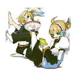  1boy :p barefoot bow brother_and_sister commentary_request couple feet female food headphones kagamine_len kagamine_rin short_hair shorts siblings straight tongue tongue_out twins una_(mazinger) vocaloid 