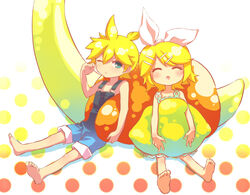  1boy aqua_eyes banana barefoot blonde_hair blue_overalls blush bow brother_and_sister closed_eyes commentary dress english_commentary feet female food fruit hair_ornament hairbow hairclip holding holding_food holding_fruit kagamine_len kagamine_rin lemon lolicon on_banana orange_(fruit) overalls short_hair siblings sleeping strib_und_werde twins vocaloid 