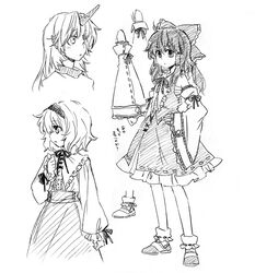  3girls alice_margatroid arata_iri bow detached_sleeves expressionless greyscale hairband hairbow hakurei_reimu horns hoshiguma_yuugi long_sleeves monochrome multiple_girls short_hair simple_background single_horn sketch standing touhou white_background 