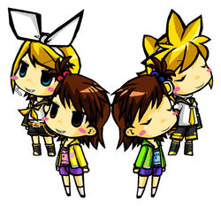  1boy 3girls chibi commentary_request crossover futami_ami futami_mami idolmaster idolmaster_(classic) kagamine_len kagamine_rin multiple_girls shimoda_asami siblings twins vocaloid voice_actor_connection wara_inu 