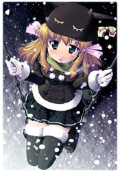  animal_hat blush cat_hat copyright_request female from_above fur_trim gloves green_scarf hat loafers photoshop_(medium) ribbon sad scarf shoes snow snowing solo swing tears thighhighs twintails white_gloves winter yamabuki_zarame zettai_ryouiki 