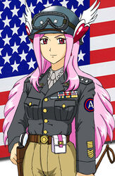  american_flag belt commentary_request cosplay cowboy_shot crapgame cure_passion eyelashes female flag flag_background fresh_precure! george_s_patton george_s_patton_(cosplay) goggles gun hair_ornament handgun heart heart_hair_ornament helmet higashi_setsuna holster long_hair looking_at_viewer magical_girl military military_uniform pink_hair precure pun red_eyes revolver ribbon_bar riding_crop solo uniform united_states weapon world_war_ii 