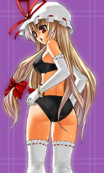  ass bad_id bad_pixiv_id black_bra black_panties blonde_hair bow bra elbow_gloves erugiza female frills gloves hairbow hat lingerie long_hair panties photoshop_(medium) red_eyes solo thighhighs touhou underwear underwear_only very_long_hair white_gloves white_thighhighs yakumo_yukari 