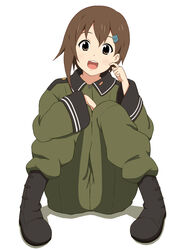  bad_id bad_pixiv_id brown_hair female full_body goro hair_ornament hairclip hand_on_own_face military military_uniform open_mouth simple_background sitting solo sora_no_woto sorami_kanata uniform white_background 