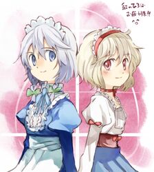  2girls alice_margatroid alternate_costume blonde_hair blue_eyes blush commentary_request hairband izayoi_sakuya maid multiple_girls ogawa_maiko red_eyes short_hair touhou white_hair 