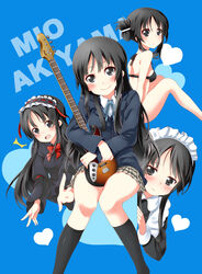  absurdres akiyama_mio alternate_costume alternate_hairstyle bass_guitar bikini black_eyes black_hair commentary_request enmaided female fender_jazz_bass fender_musical_instruments_corporation fuwafuwa_time highres instrument k-on! left-handed lolita_fashion long_hair maid mitsuki_meia photoshop_(medium) sakuragaoka_high_school_uniform school_uniform swimsuit 