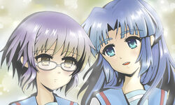  2girls asakura_ryouko bad_id bad_pixiv_id blue_eyes blue_hair blue_sailor_collar brown_eyes glasses kita_high_school_uniform long_hair mizuki_miyu multiple_girls nagato_yuki purple_hair sailor_collar school_uniform serafuku short_hair suzumiya_haruhi_no_shoushitsu suzumiya_haruhi_no_yuuutsu winter_uniform 