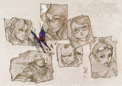  3boys 3girls bayonetta bayonetta_(series) bayonetta_1 bug butterfly cereza commentary_request diana_jakobsson enzo glasses jeanne_(bayonetta) luka_redgrave mole mole_under_mouth multiple_boys multiple_girls rodin sketch 