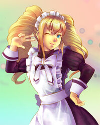  apron bad_id bad_pixiv_id blonde_hair blue_eyes dance_dance_revolution drill_hair female hand_on_own_hip maid maid_headdress one_eye_closed photoshop_(medium) ribbon solo taka_(sanoujo358) twin_drills twintails v wrist_cuffs yuni_(dance_dance_revolution) 