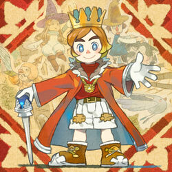  3boys armor blue_eyes bovine commentary_request corobo crown female gloves grunt_soldier hardworking_farmer little_king&#039;s_story lowres multiple_boys rainbow_wizard_(little_king&#039;s_story) sarmat scepter smile sword weapon 