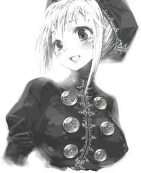  blush breasts buttons commentary_request fantasy_earth fantasy_earth_zero fbc female greyscale hat large_breasts monochrome oekaki solo upper_body warrior_(fantasy_earth) warrior_(jeanne_outfit)_(fantasy_earth_zero) 