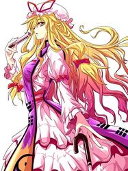  blonde_hair bow dress duplicate female fingernails folding_fan gradient_hair hair_ribbon hairbow hand_fan hat jpeg_artifacts long_hair multicolored_hair pink_hair ribbon shirosa simple_background slit_pupils solo tabard touhou umbrella very_long_hair wavy_hair yakumo_yukari yellow_eyes 