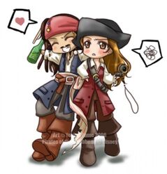  1boy belt blush boots bottle brown_eyes brown_hair chibi closed_eyes commentary compass dreadlocks drunk elizabeth_swann english_commentary facial_hair female grin hat headband heart hug jack_sparrow long_hair lowres moustache pirate pirates_of_the_caribbean sandra_chiem smile watermark 