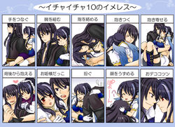  1boy arm_hug asaki_yukia black_eyes black_hair blue_hair blush bow breast_smother carrying carrying_over_shoulder chart commentary_request couple face-to-face face_to_breasts female hairbow heart holding holding_hands hug hug_from_behind judith_(glamorous_maid)_(tales) judith_(tales) long_hair multiple_persona official_alternate_costume pointy_ears princess_carry smile straight tales_of_(series) tales_of_vesperia translated yuri_lowell 