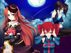  1boy 2girls :3 ahoge bad_id bad_pixiv_id black_hair choker cloud detached_sleeves doll drill_hair full_moon gothic_lolita green_eyes hat highres kasane_teto key lolita_fashion long_hair midriff mini_hat mini_top_hat moon multiple_girls namine_ritsu nez-doll nyoro~n otoko_no_ko red_eyes red_hair shooting_star star_(symbol) top_hat twin_drills twintails utau vippaloid yokune_ruko 