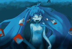  blood blue_hair closed_eyes cube female hatsune_miku long_hair myu_(neorosi) nude screaming solo tears very_long_hair vocaloid 