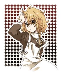  adjusting_hair apron arata_iri blonde_hair braid checkered_background female hand_on_own_head kirisame_marisa messy_hair short_hair side_braid solo strap_slip touhou yellow_eyes 