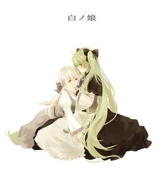  2girls aku_no_musume_(vocaloid) bow clarith comforting commentary_request dress evillious_nendaiki green_eyes green_hair hair_ribbon hairbow hatsune_miku issign long_hair michaela_(evillious_nendaiki) multiple_girls photoshop_(medium) ribbon sad shiro_no_musume_(vocaloid) simple_background touching twintails very_long_hair vocaloid white_hair yowane_haku yuri 