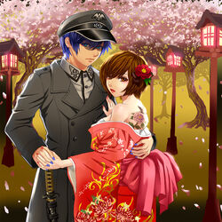  1boy bad_id bad_pixiv_id blue_eyes blue_hair brown_eyes brown_hair cherry_blossoms couple female flower hair_flower hair_ornament hamura_mayu highres japanese_clothes kaito_(vocaloid) katana kimono meiko_(vocaloid) petals photoshop_(medium) sarashi short_hair straight sword tattoo uniform vocaloid weapon 