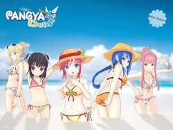  5girls arin armpits arms_behind_head ass back beach bikini bingsang black_hair blonde_hair blue_eyes blue_hair blush bracelet braid breasts cecilia_(pangya) cleavage cloud commentary_request day double_bun eyewear_on_head flat_chest front-tie_top frown hair_bun hana_(pangya) hand_on_own_hip hat jewelry kooh lineup long_hair looking_back lucia_(pangya) medium_breasts multiple_girls nail_polish outdoors own_hands_clasped own_hands_together pangya pink_eyes pink_hair pink_nails polka_dot polka_dot_bikini polka_dot_swimsuit ponytail purple_eyes short_hair side-tie_bikini_bottom sky smile sunglasses swimsuit wading water waving 