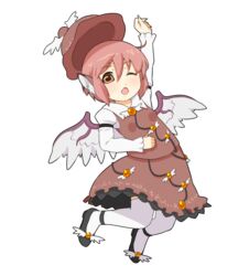  animal_ears commentary_request female full_body hat highres mystia_lorelei one_eye_closed pink_hair short_hair solo thighhighs torque touhou transparent_background unworn_hat unworn_headwear wings 