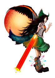  arm_cannon arugeri black_hair black_wings boots bow brown_hair cape commentary_request danmaku energy female hairbow highres large_bow long_hair md5_mismatch profile red_eyes reiuji_utsuho resolution_mismatch salute skirt smile solo source_larger third_eye touhou waving weapon wings 