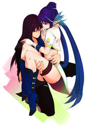  1boy bad_id bad_pixiv_id blue_footwear boots carrying couple female hidaka_ryou high_heels highres judith_(tales) knee_boots pointy_ears princess_carry shoes straight tales_of_(series) tales_of_vesperia yuri_lowell 