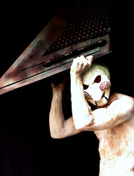  1boy abs artist_request commentary_request crossover doll exif_rotation helmet injury jigsaw_(character) male_focus manly mask muscular muscular_male nude parody pyramid_head saw_(movie) silent_hill_(series) silent_hill_2 solo topless_male unmasking 