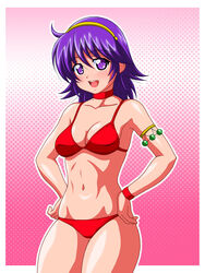  armlet athena_(series) bikini breasts choker commentary_request cowboy_shot female gradient_background halftone halftone_background hands_on_own_hips inferno_(nanbu14) looking_at_viewer medium_breasts navel open_mouth pink_background princess_athena purple_eyes purple_hair red_bikini short_hair snk solo swimsuit wristband 