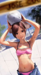  armpits arms_up ball beach bikini brown_eyes brown_hair commentary_request day female midriff navel original photoshop_(medium) sand smile solo swimsuit volleyball volleyball_(object) walkalone 