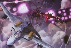  aircraft airplane alien anti-u.n. battle birdhuman chasing fighter_jet ghost_drone jet kudou_shin macross macross_zero mayan_(macross) mecha military military_vehicle no_humans non-web_source nora_polyansky protoculture qf-2001 realistic robot sara_nome spoilers sv-51 u.n._spacy variable_fighter vehicle_focus vf-0 