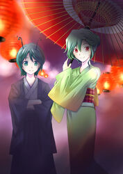  2girls alternate_hairstyle antennae bad_id bad_pixiv_id festival formal green_eyes green_hair hadi hair_bun hair_up hakama hakama_skirt hands_in_opposite_sleeves highres holding holding_umbrella japanese_clothes kazami_yuuka kimono lantern multiple_girls obi oil-paper_umbrella paper_lantern plaid red_eyes sash short_hair single_hair_bun skirt smile touhou umbrella wide_sleeves wriggle_nightbug yukata 